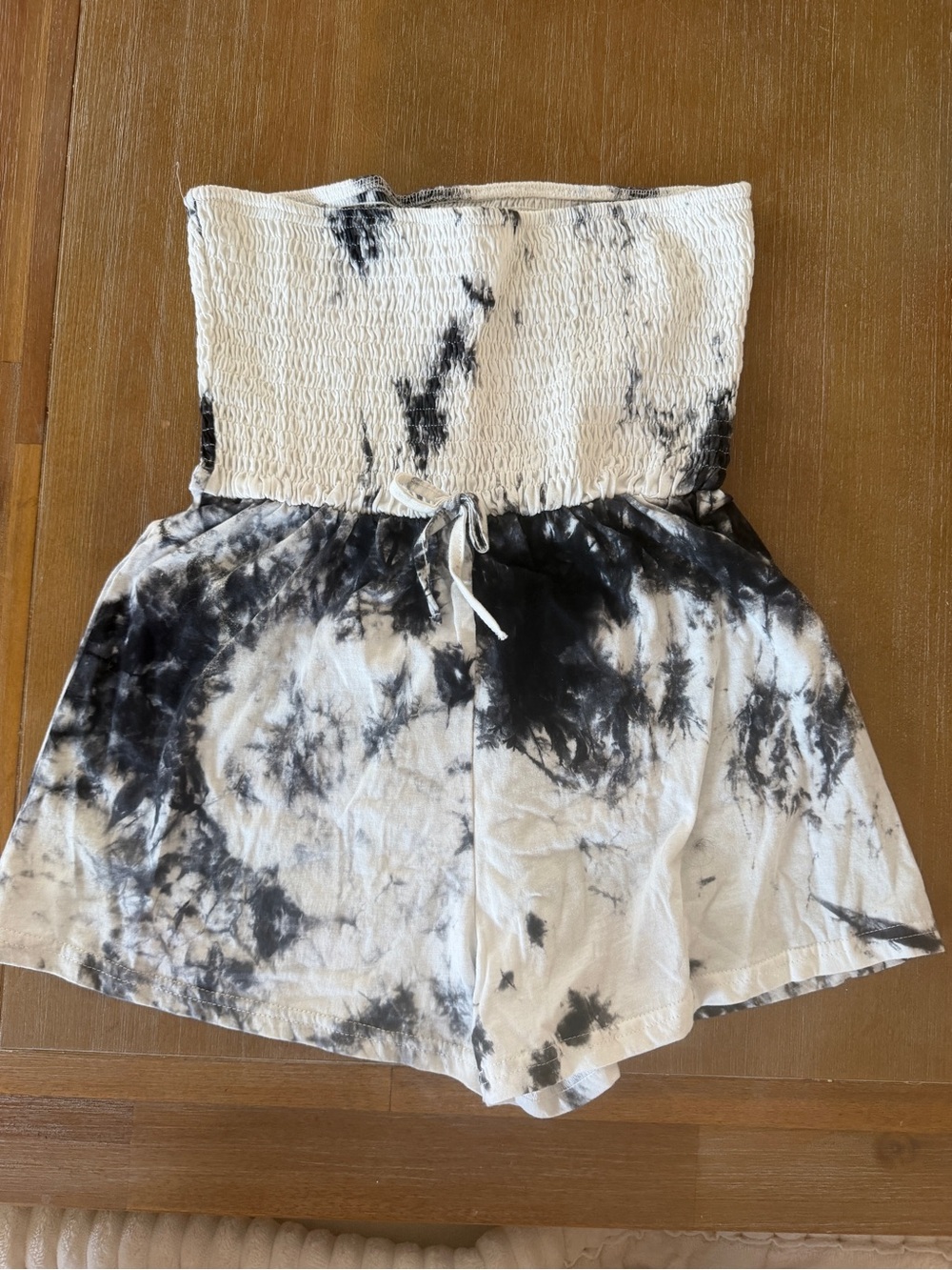 Smocked Strapless Tie-Dye Romper in Black & White